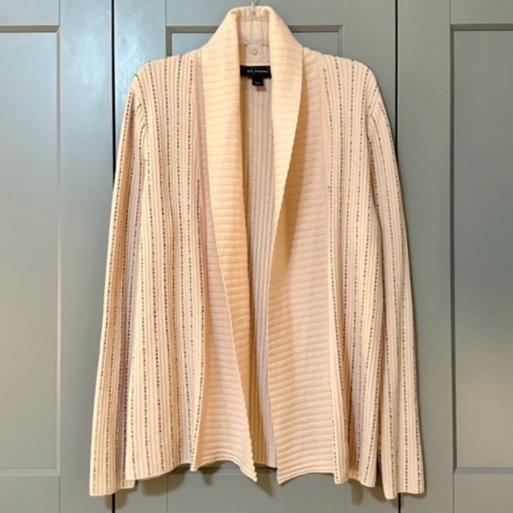 St. John Beaded Cashmere Ribbed Open Front Cardigan Heavy Knit Peachy Pink Large